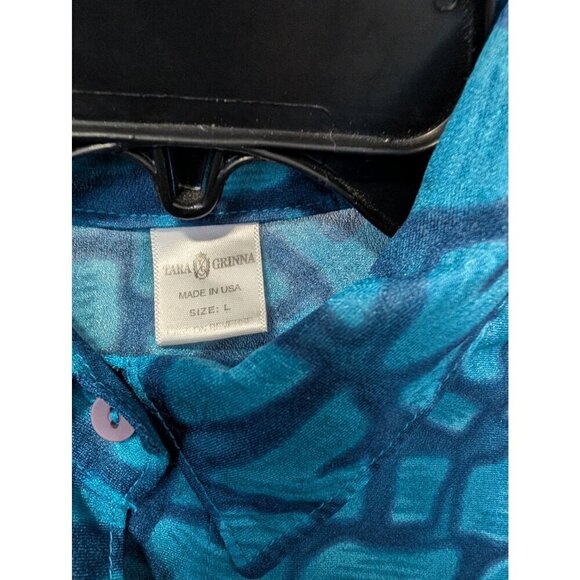 Tara Grinna Blouse Blue Shirt Geometric Short Sleeve Button Hawaii Women's Large - Picture 3 of 6